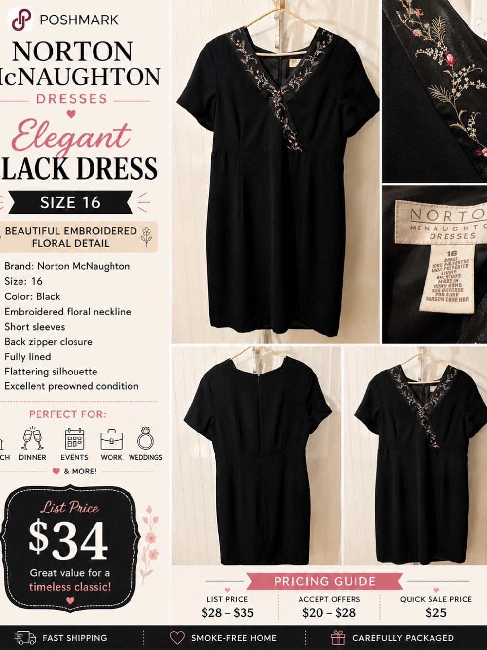 Vintage Norton McNaughton Black Embroidered Dress Size 16 Elegant Floral Trim